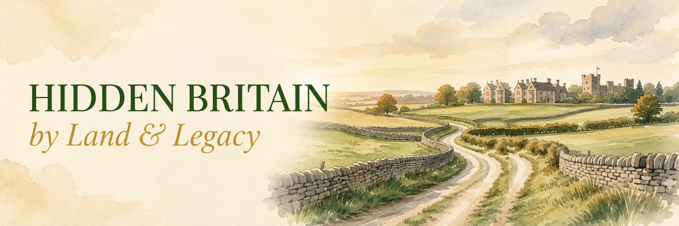 Hidden Britain by Land and Legacy - watercolour illustration of a country lane with dry-stone walls leading to a heritage manor house